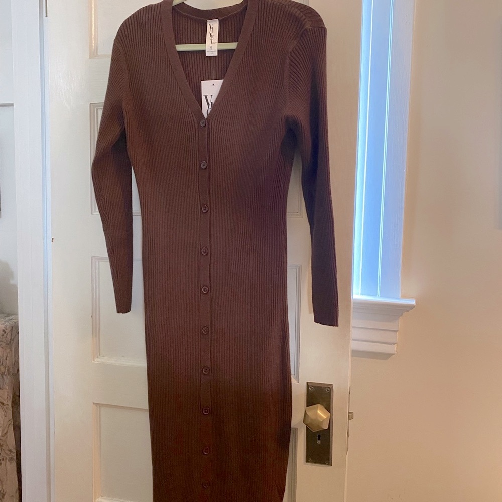 Brown Ribbed Long Sleeve Bodycon Dress